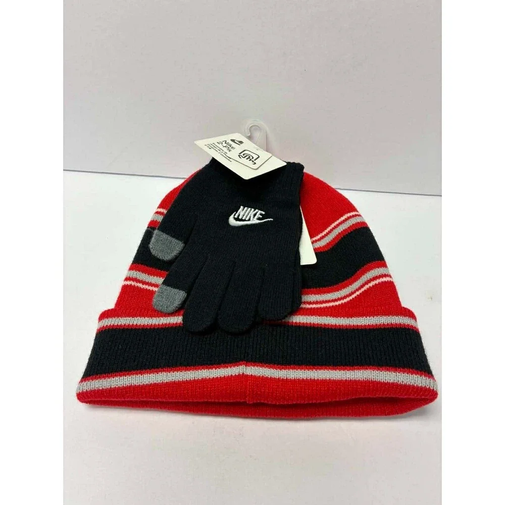 Nike Kids Boys Red Multi‎ Stripe Beanie Hat and Gloves Set - (9A3047-U10) - NWT